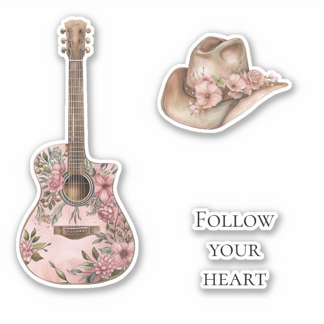 Pegatina Guitarra floral occidental rosa (Anverso)