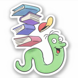 Pegatina Gusano De Librería Cuta Llevando Una Pila De Libro