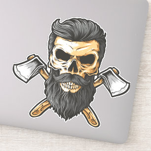 Pegatina Hachero Barbudo Cráneo Hachas Cruzadas