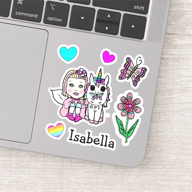 Pegatina Hada de rubia dibujada a mano, unicornio y nombre (Detalle)