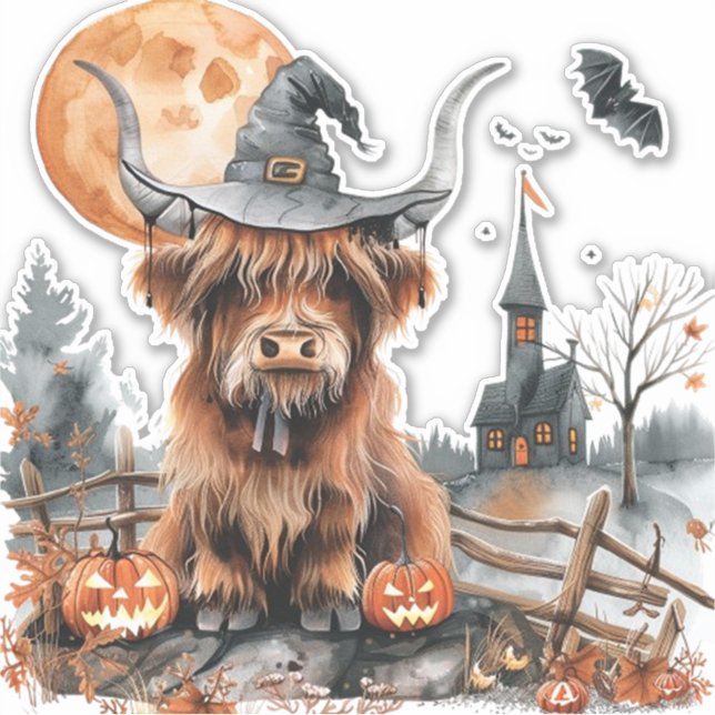 Pegatina Halloween de la vaca Highland (Anverso)