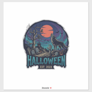Pegatina Halloween Est Lobo Aullador Luna Roja Mano Zombie_