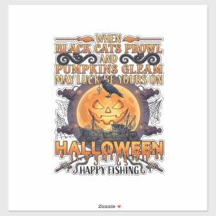Pegatina Halloween Feliz Pesca Gatos Negros Calabazas Cuerv