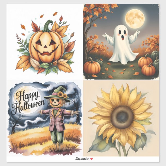 Pegatina Halloween, Ghost, Jack-O-Lantern, Scarecrow,  (Hoja)