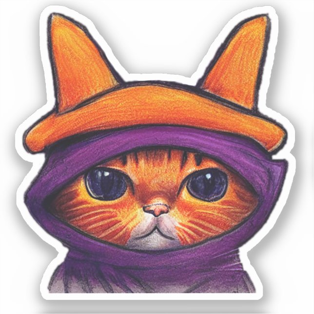 Pegatina Halloween, Gorra de bruja morada de gato naranja (Anverso)