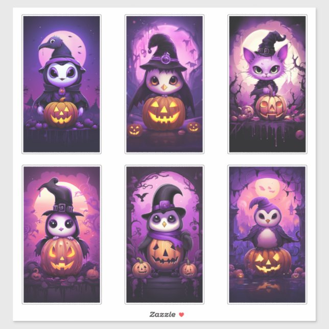 Pegatina Halloween Morado Emo Pingüino con amigos 2 (Hoja)