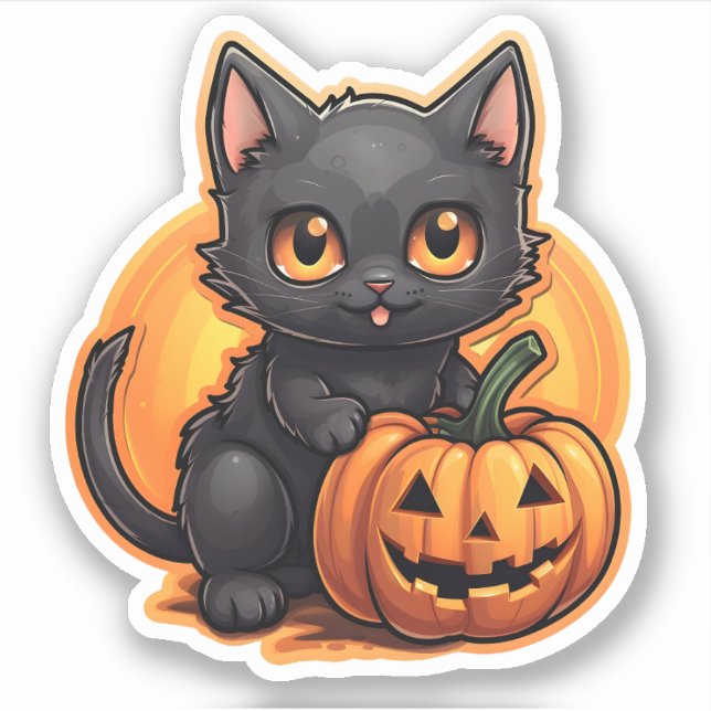 Pegatina Halloween Naranja Calabaza Adorable Pequeño Gato N (Anverso)
