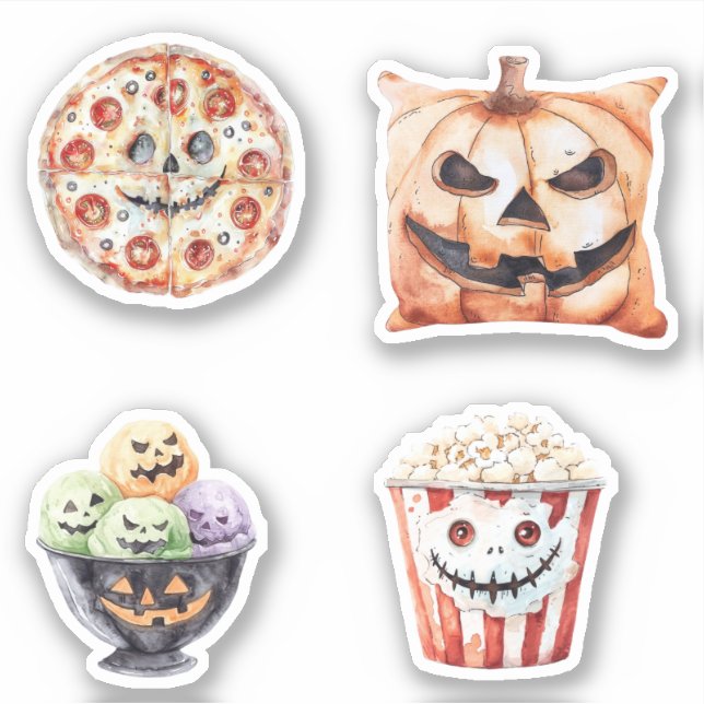 Pegatina Halloween Treats Popcorn Pizza Ice Cream Pumpkin  (Anverso)