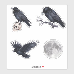 Pegatina Halloween Trendy Black raven crrow, cráneo y luna
