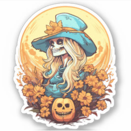 Pegatina Halloween Western Cowgirl Skeleton Floral Pumpkin