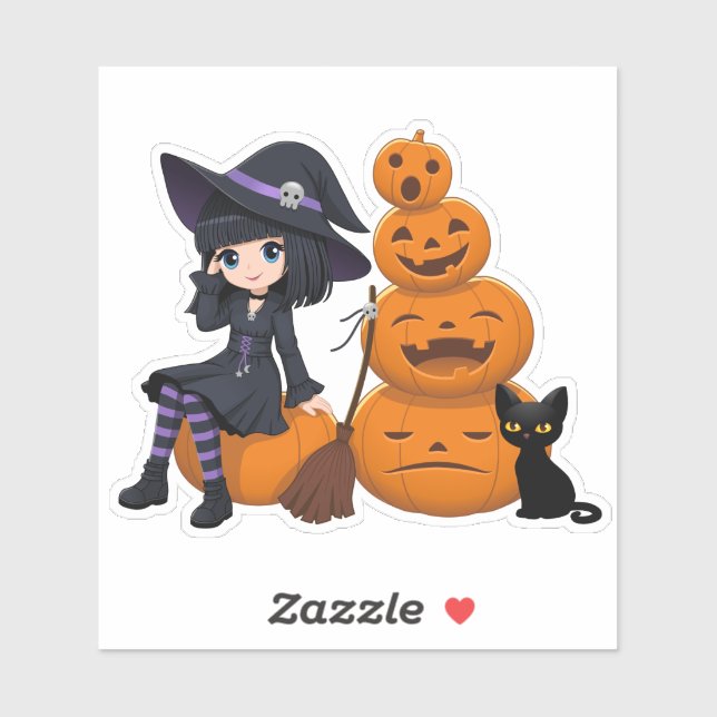 Pegatina Halloween Witch, Black Cat, and Pumpkins (Hoja)
