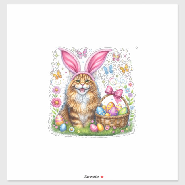 Pegatina Happy Easter Cute Bunny Maine Coon Cat Easter Eggs (Hoja)