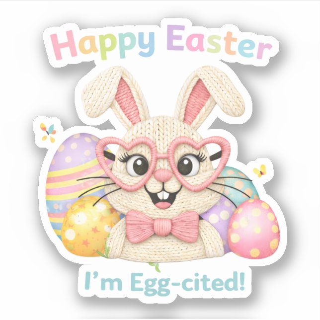 Pegatina Happy Easter I'm Egg-cited Bunny  (Anverso)