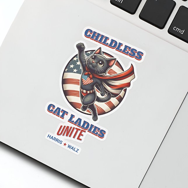 Pegatina Harris Walz Childless Cat Ladies une Hero Cat (Harris Walz Childless Cat Ladies Unite Hero Cat Sticker on a Laptop)
