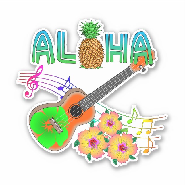 Pegatina Hawaiana del Ukulele de la música de la isla (Anverso)