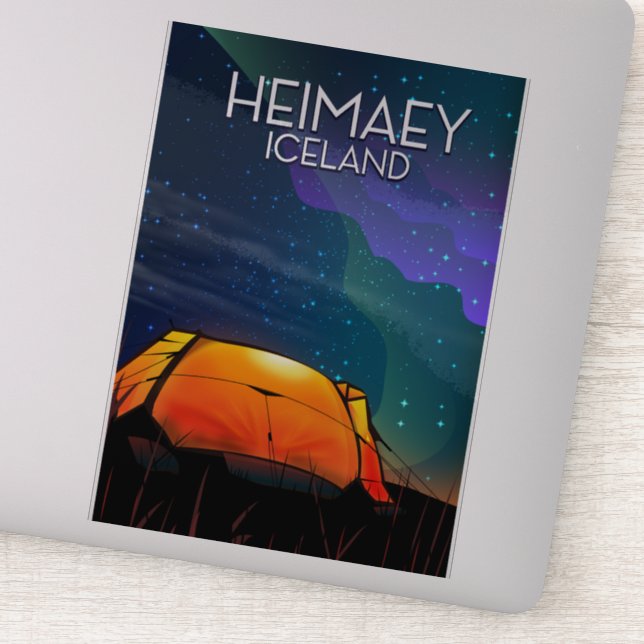 Pegatina Heimaey, tierra, poster de vacaciones de camping. (Detalle)