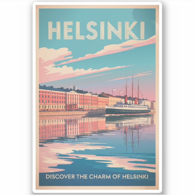 Pegatina Helsinki Finland Waterfront Travel Art Vintage (Anverso)