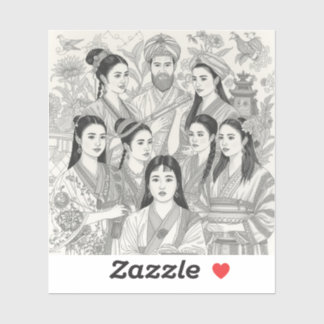 Pegatina Heritage in Harmony: Black & White Traditional 