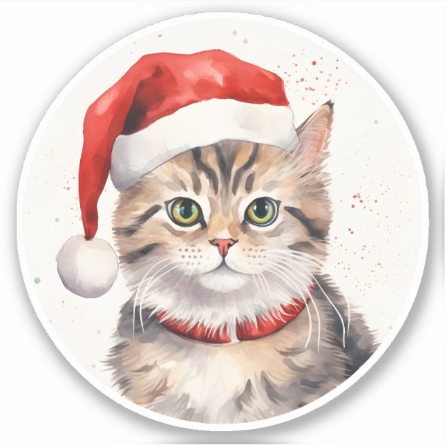 Pegatina Hermosa acuarela Cute Cat Santa Lil Helper (Anverso)