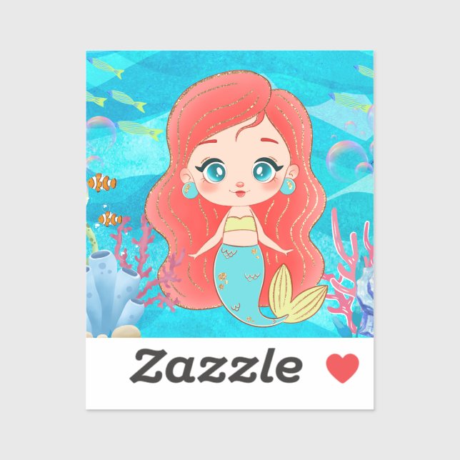 Pegatina Hermosa sirena de pelo rojo jugando en el mar (Hoja)