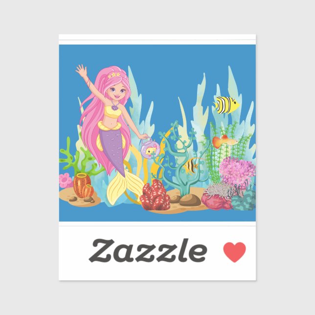 Pegatina Hermosa sirena PINK PELO jugando en el mar (Hoja)