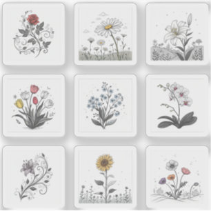 Pegatina Hermosas Flores Florecer Dibujo Lotes 9 Hoja