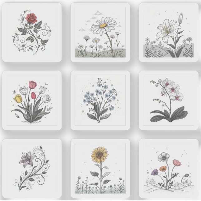 Pegatina Hermosas Flores Florecer Dibujo Lotes 9 Hoja (Anverso)