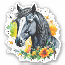 Pegatina Hermoso Caballo Negro Rodeado de Flores Amarillas