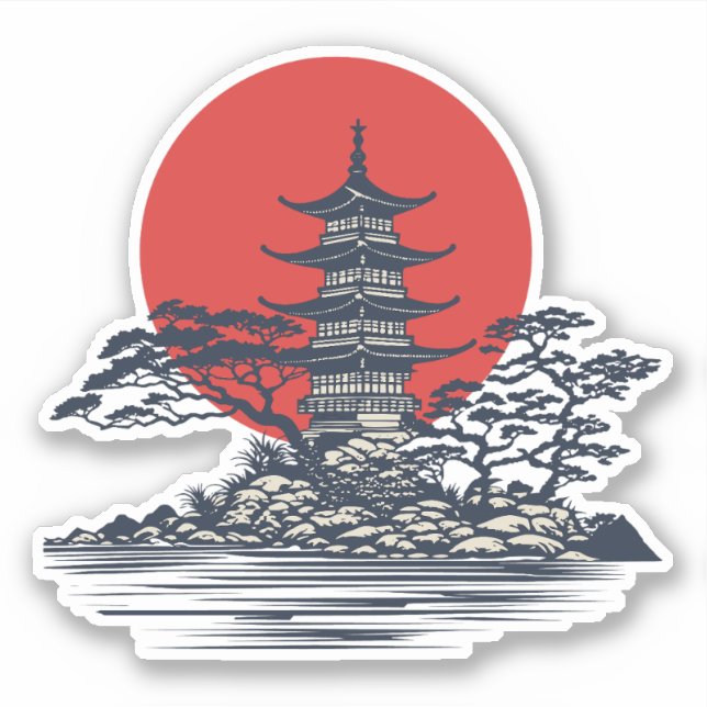 Pegatina Hermoso paisaje japonés con amanecer (Anverso)