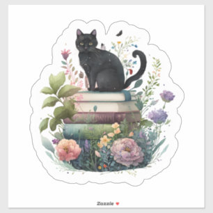 Pegatina Hermosos libros de flores y un gato