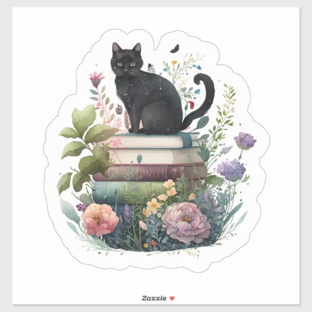 Pegatina Hermosos libros de flores y un gato (Hoja)