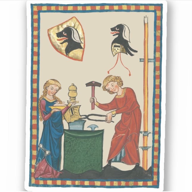 Pegatina Herrero Forjando Casco Arte Medieval (Anverso)