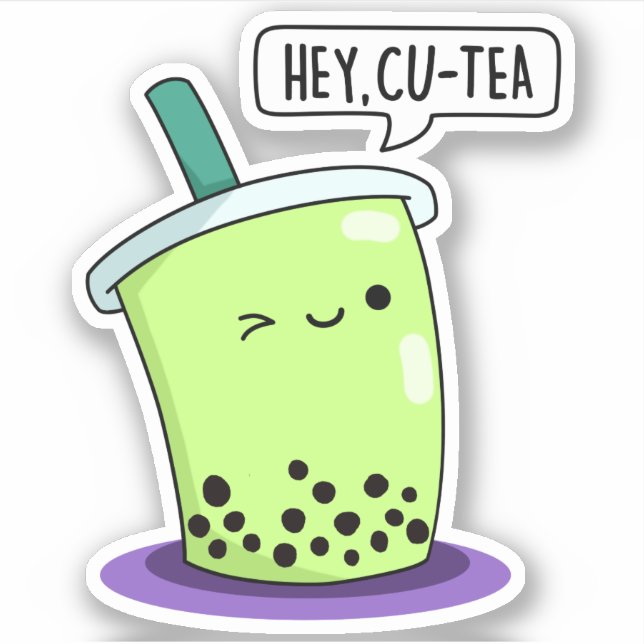 Pegatina Hey Cu-Tea Funny Boba Tea Pun (Anverso)