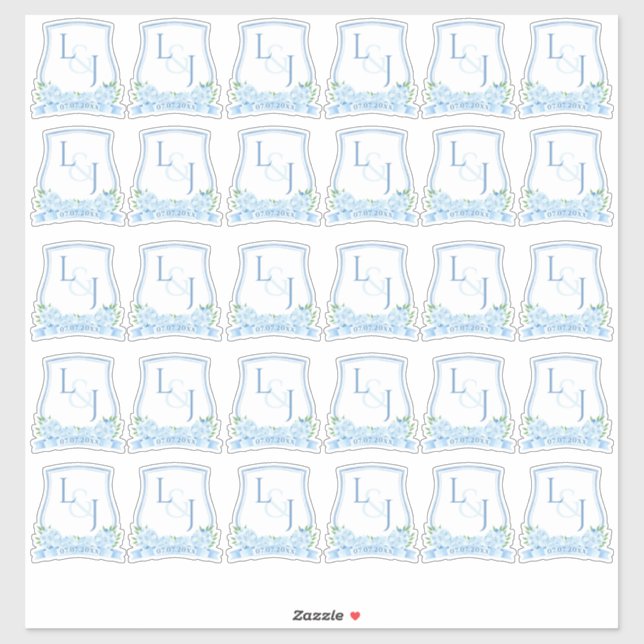 Pegatina Hidrangea azul acuarela Boda Monograma (Hoja)