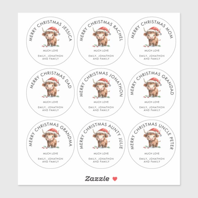 Pegatina Highland Cow Nombres individuales Feliz Navidad (Hoja)