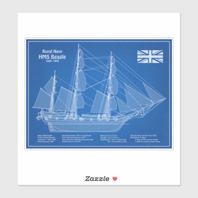 Pegatina HMS Beagle Tall Ship - Ship Blueprint ABD (Hoja)