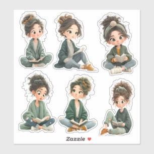 Pegatina Hoja de Stickers de Chica Chibi Leyendo