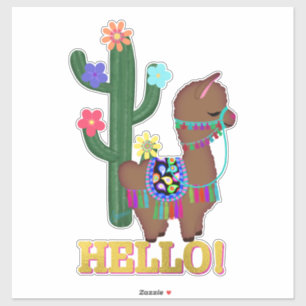 Pegatina ¡Hola!   Llama Cute y Cactus