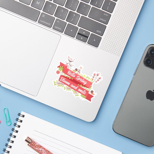 Pegatina Hola Primavera, Florece y sonríe (Ordenado portátil con iPhone)