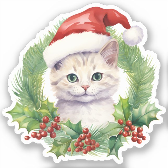 Pegatina Holly Berries Wreath Cute Sonriente Gato Navidades (Anverso)