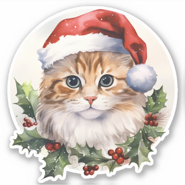 Pegatina Holly Berry Navidades Cute Gato En Santa Hat (Anverso)