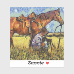 Pegatina Hombre, caballo y perro