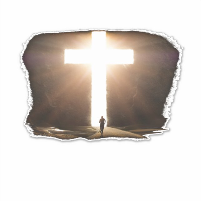 Pegatina Hombre corriendo a la brillante cruz cristiana de  (Anverso)