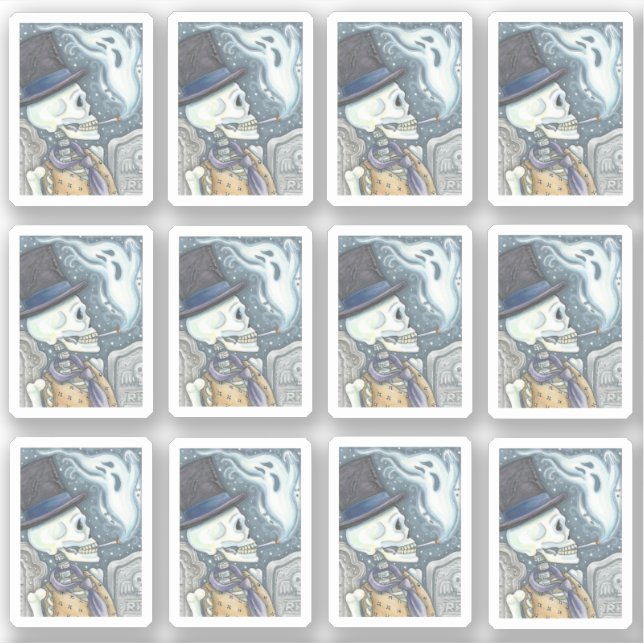 PEGATINA HOMBRE MUERTO SKELETON FUMAR FANTASMA EN CEMETERÍA (Anverso)