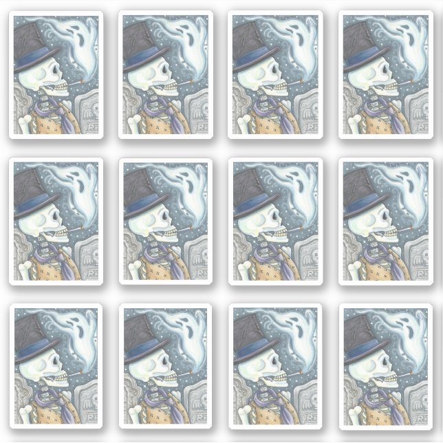 PEGATINA HOMBRE MUERTO SPOOKY SKULL FUMADOR FANTASMA EN CEM (Anverso)