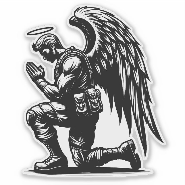 Pegatina Hombre soldado Angel Rezando arte de ilustracion d (Anverso)