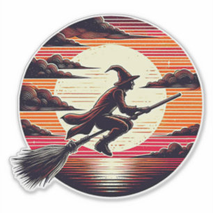 Pegatina Hombres Witch equitación Broom in sunset art ilust