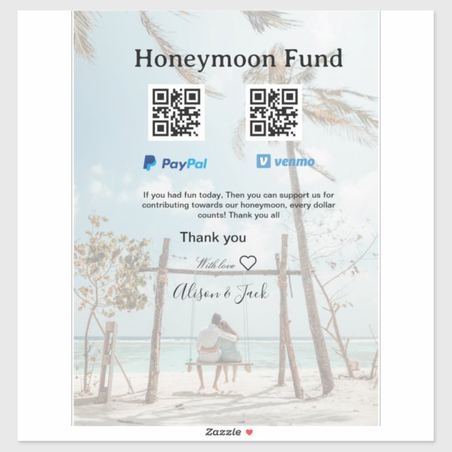Pegatina Honeymoon fund venomo paypal donation Q R couple (Hoja)