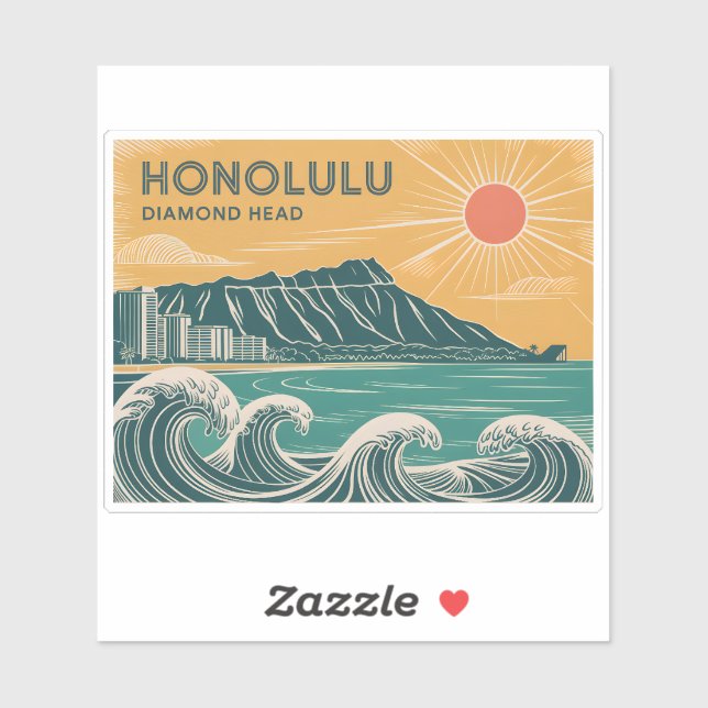 Pegatina Honolulu Diamond Head Oahu Waikiki Retro Minimal (Hoja)