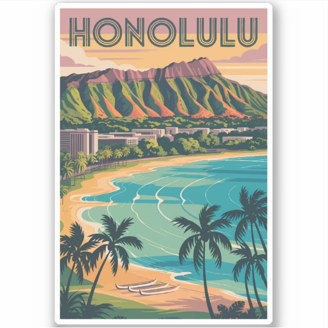 Pegatina Honolulu Hawaii Ilustracion Viaje Arte Vintage (Anverso)
